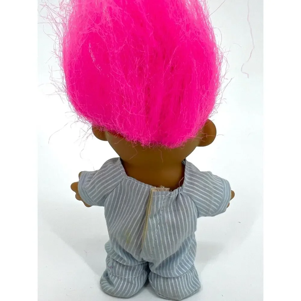 Vintage Russ Lucky Troll Doll with Pajamas Pink Hair Brown Eyes